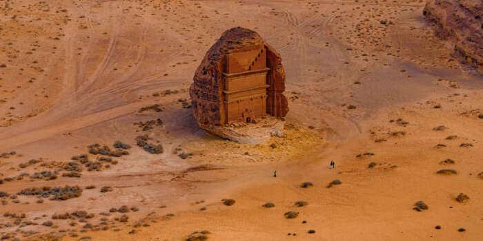 Qasr al-Farid tomb of Lihyan son of Kuza in Madain Saleh Al Madinah Hegra Alula Saudi Arabia aerial drone view