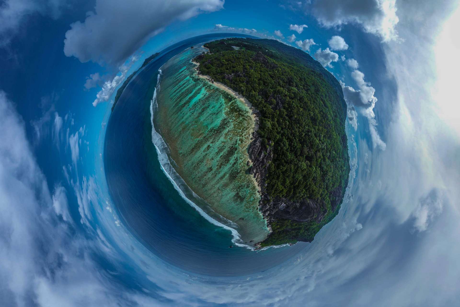 Seychelles Tiny Planet Anse Source d'Argent aerial view drone enrico pescantini from above