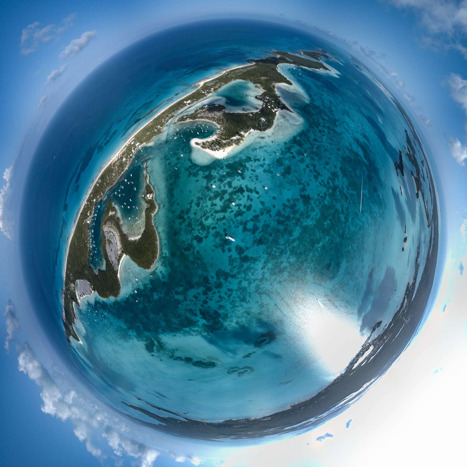 aerial view drone Chat N Chill Stocking Island Exuma Bahamas little planet