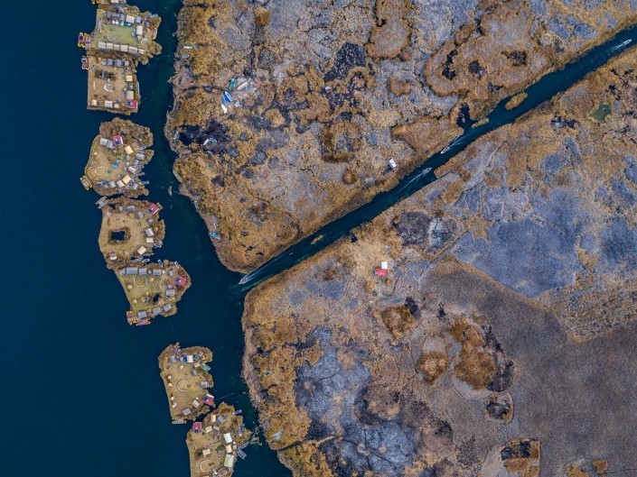 Uros Floating Islands Titicaca Lake Puno Peru aerial drone