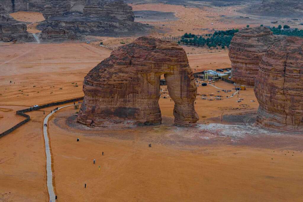 al ula saudi arabia elephant rock aerial helicopter drone view
