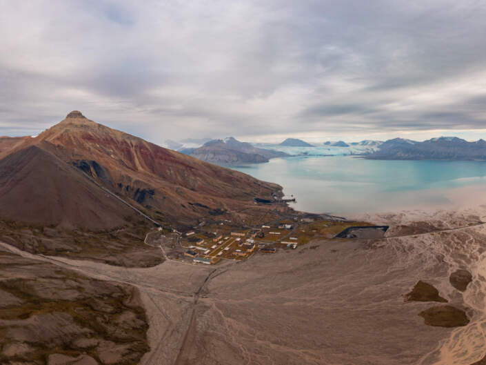 Pyramiden Aerial View of town and surroundings